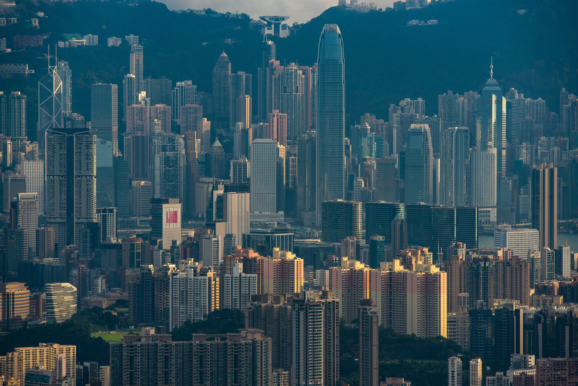 Hong Kong, China - August, 2019 : Hong Kong cityscape at night, sky scraper building